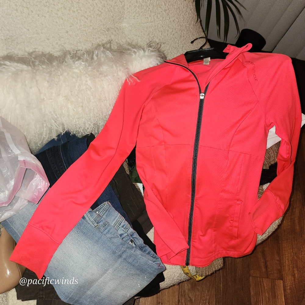 NEON! FITTED UNDER ARMOUR NEON ORANGE FULL ZIP JACKET XS  ☆